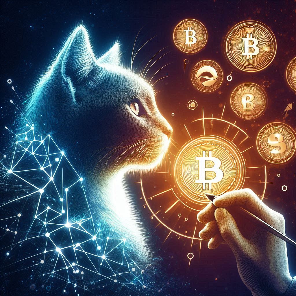 A block-chain cat with cryptocoins on the air