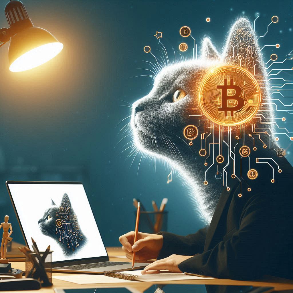 A crypto cat writing an looking a lamp